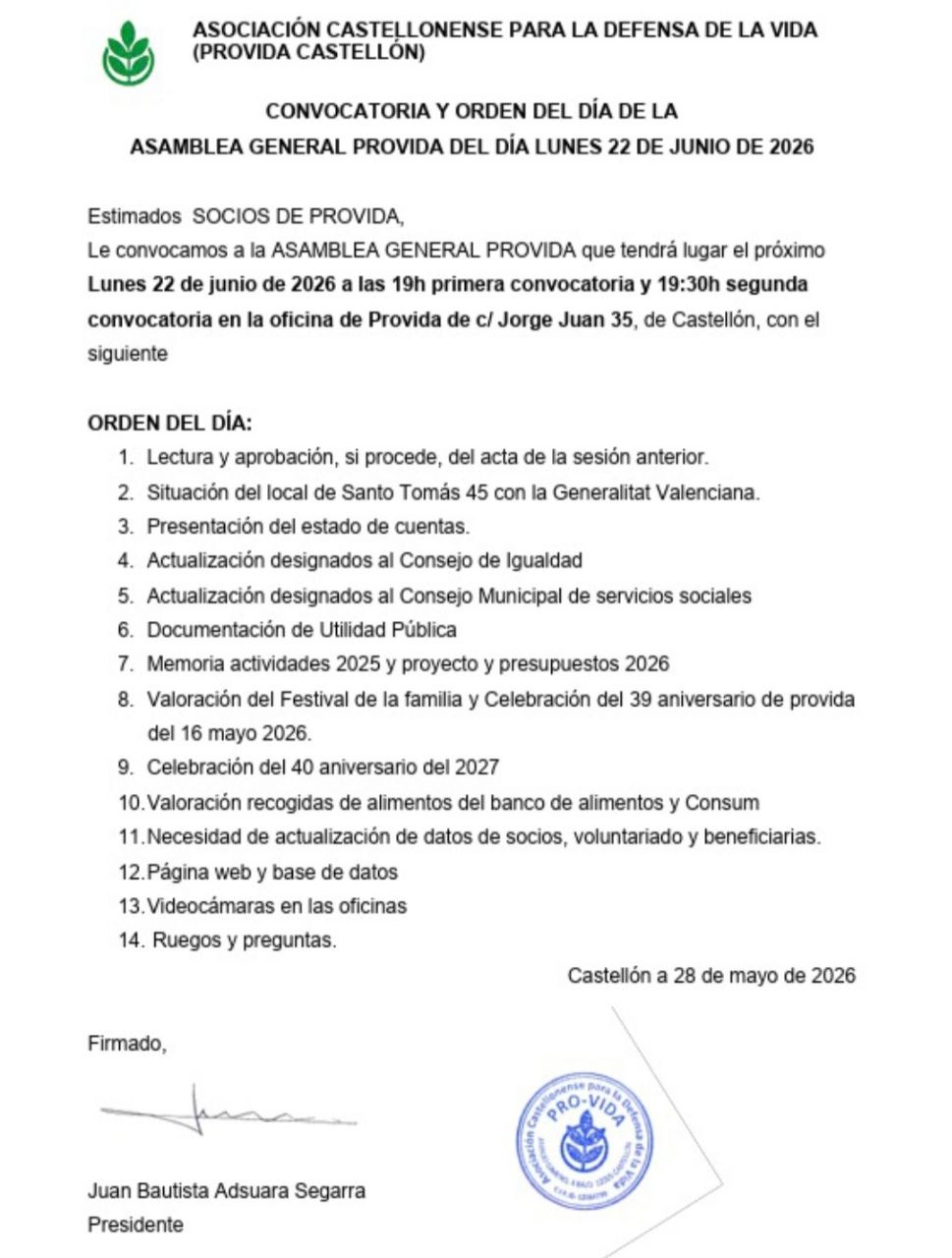 ASAMBLEA GENERAL PROVIDA DEL DÍA LUNES 22 DE JUNIO DE 2026